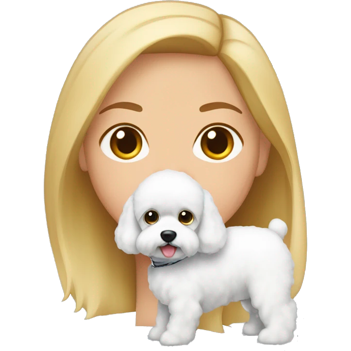 mujer piel blanca cabello rubio con perro bichon blanco emoji