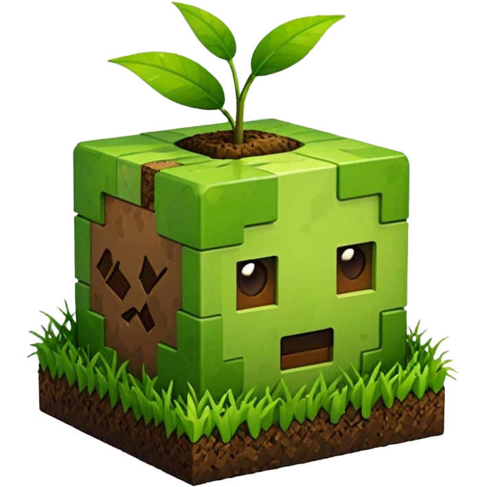 Minecraft 草块的 3D Apple 风格表情符号，立方体形状，顶部有草，下面是地块 emoji