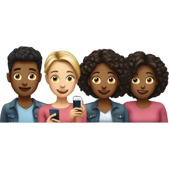 several young people looking at their cell phones emoji