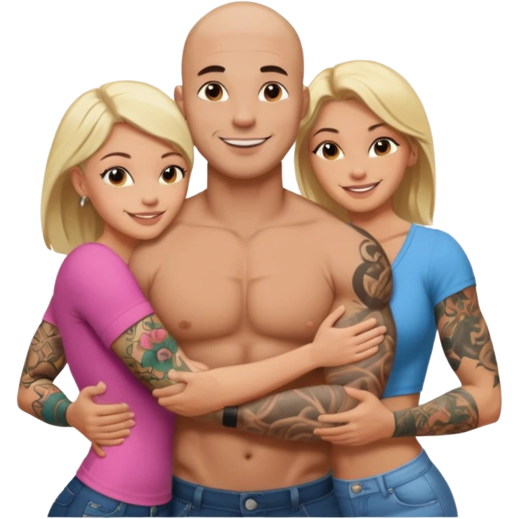 throuple tattooed sleeves bbald male with topless naked big boobed brunette and topless naked big boobed blonde girlfriends  loving  and sexy polygamy emoji