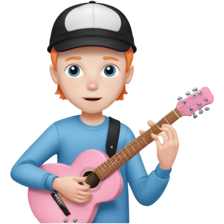 Pale man with light freckles and blue eyes wearing black cap playing a shell pink guitar emoji