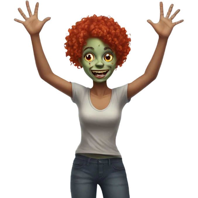 Happy zombie girl red curly hair with both hands in the air emoji