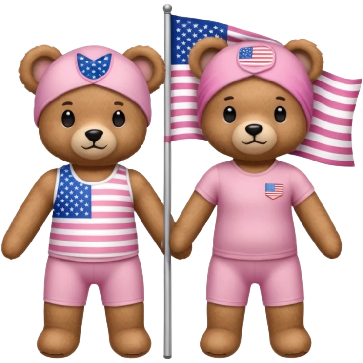 A light brown teddy bear wearing light pink clothes with a US flag print, and another with a Pilates band on its head and wearing sportswear. emoji