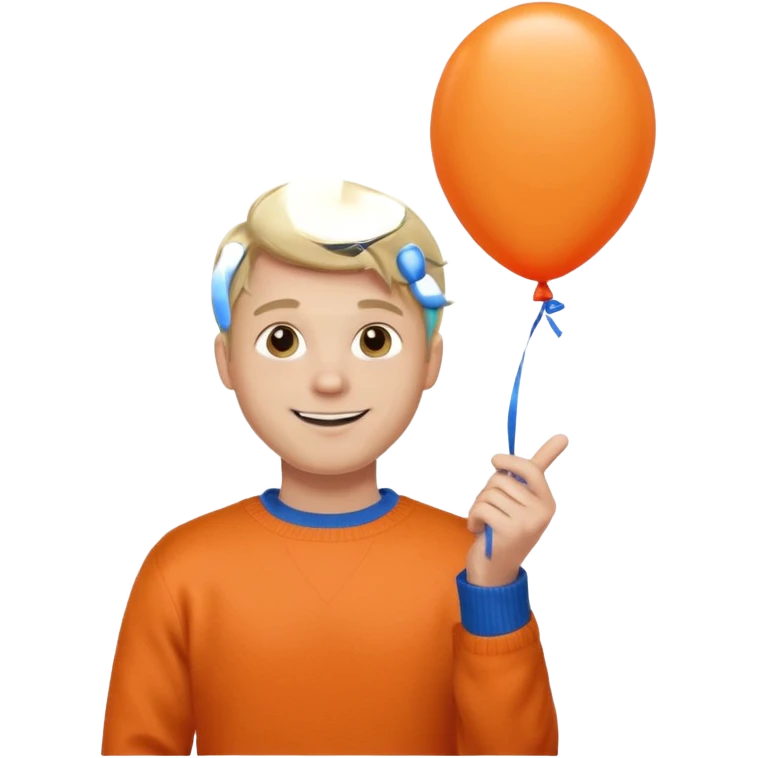 white skin, blonde hair man, orange sweater, hold blue balloon emoji