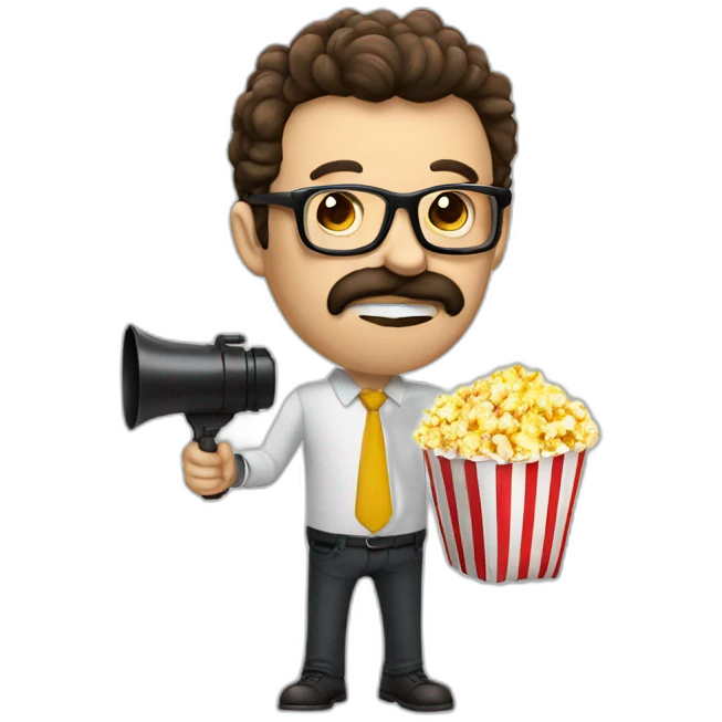 The director eats Popcorn and holds a megaphone, funny glasses emoji