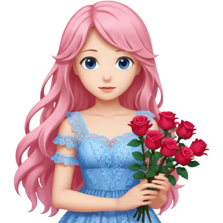 pastel anime woman with pink and white lace dress full body and long hair with roses and blue eyes emoji