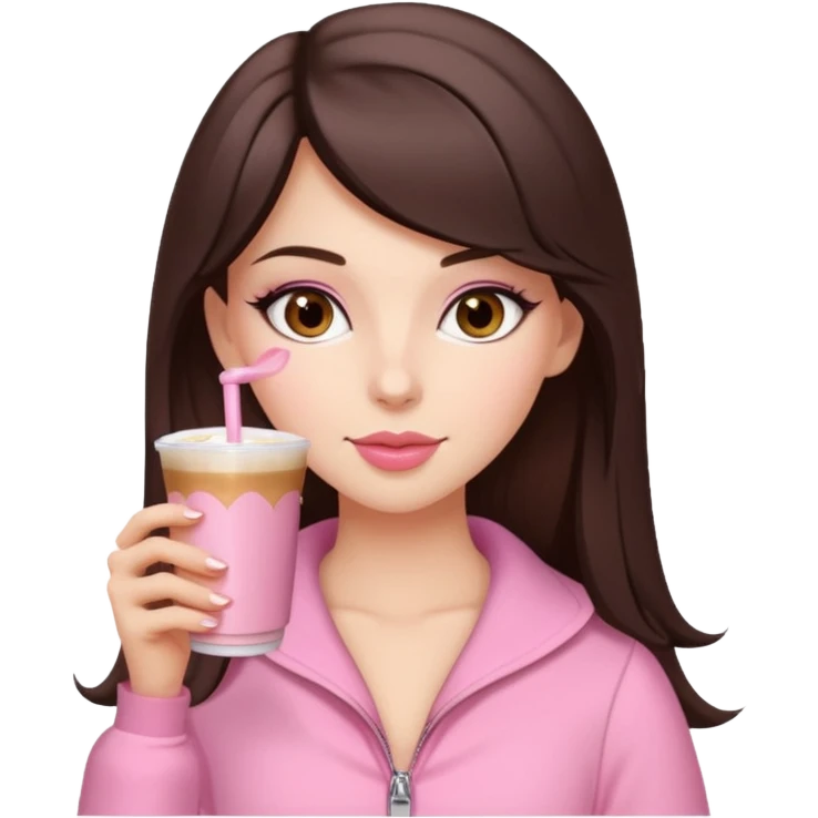 white brunette with brown eyes and a pink coquette outfit, drinking a caramel machiatto emoji