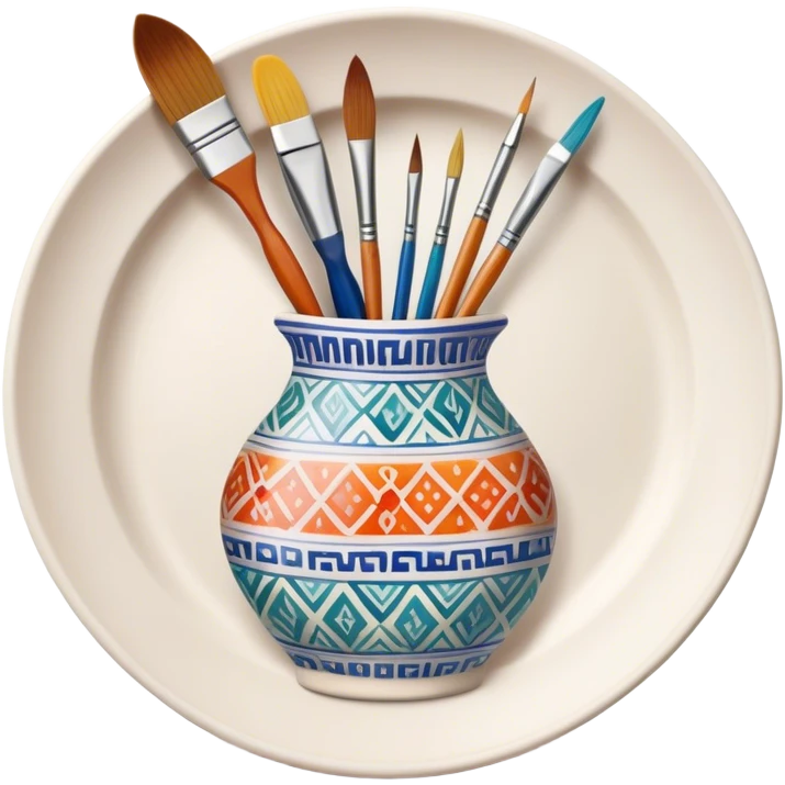 Ceramic painting icon, hand-painted ceramic plate or vase with intricate patterns, visible paintbrush, paint pots, and ceramic tools, colorful glaze, no finished artwork, just the painting process, minimalistic style, clean lines, transparent background. emoji