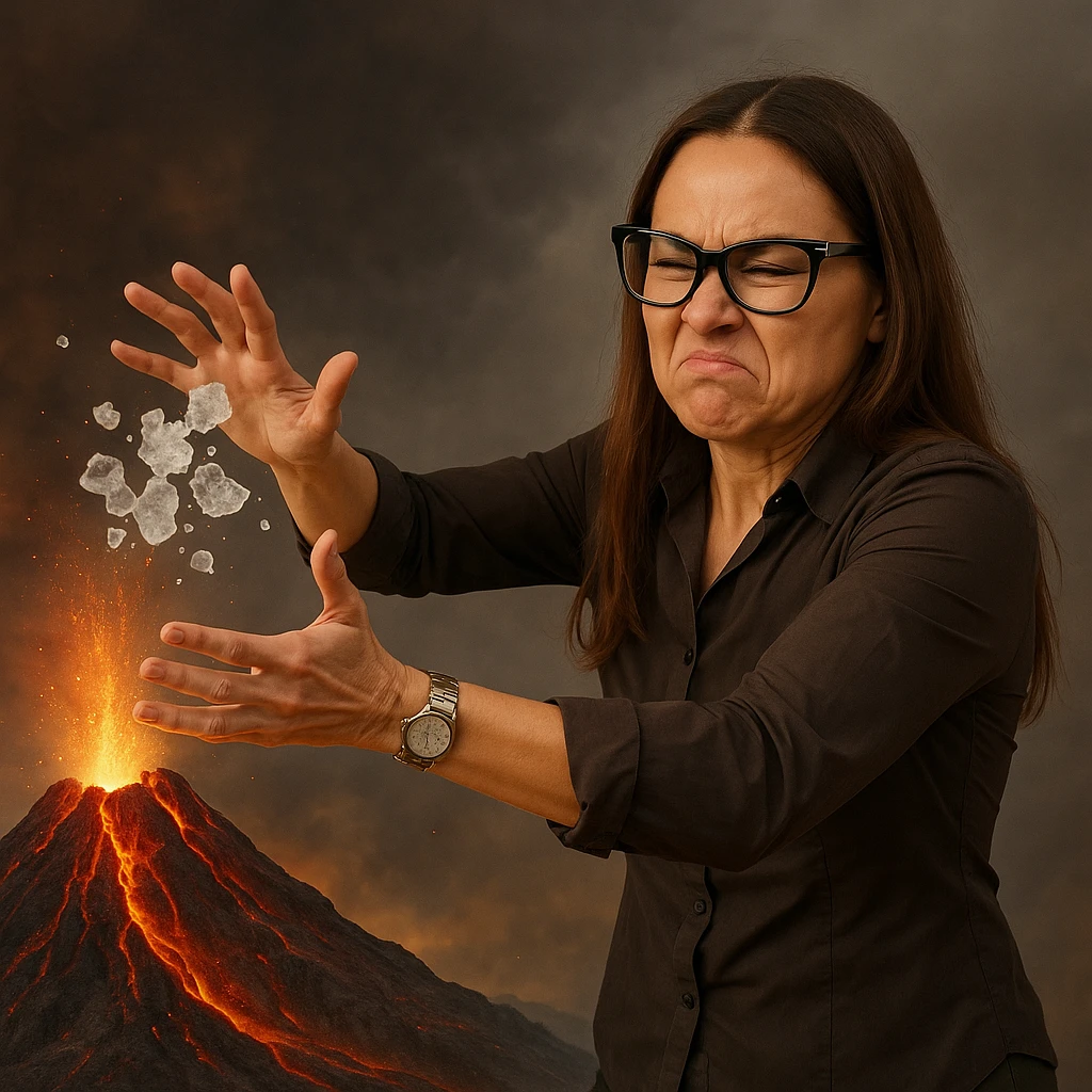 Make the volcano much closer to the woman so it is in the foreground of the scene. Keep the woman hyperrealistic similar to the reference photo, while she throws ice onto the volcano full of lava without any effect. The woman's expression should show frustration or effort. The scene is symbolic with detailed careful rendering. Maintain the hyperrealistic style of the woman as in the reference image. emoji