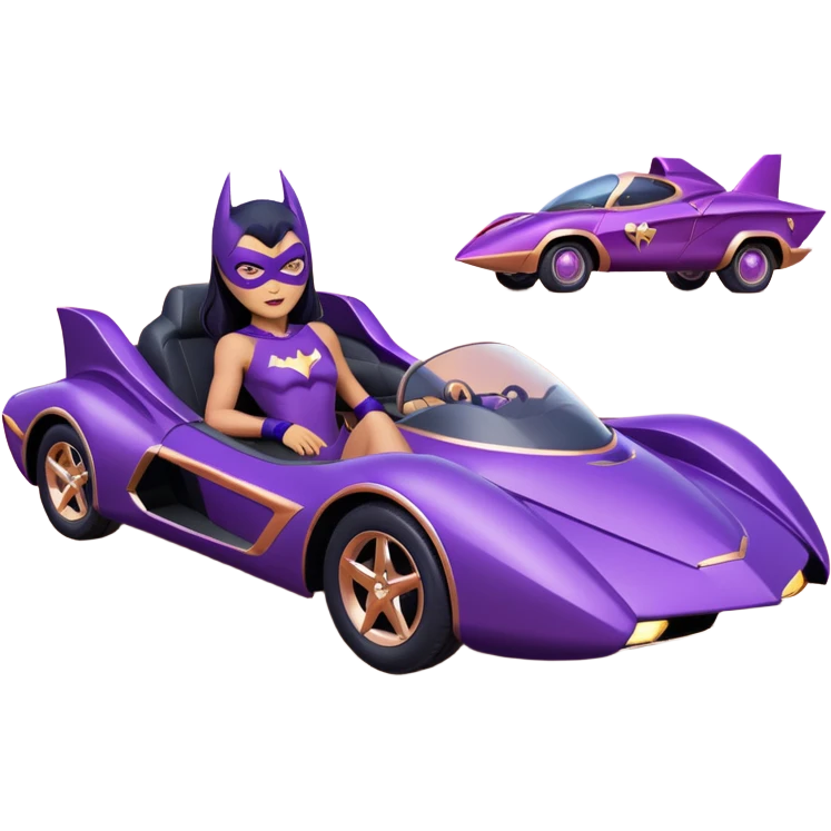 Hot full size real-appearance racing action BatGirl’s Lego feminine midnight-purple tight outfit sixty’s tv show 1992 stealth retro cat burglar sporty petite off-road pursuit hovering hover cruiser car rose gold accents (black hair,reclined and relaxed seating position and attitude) desert emoji
