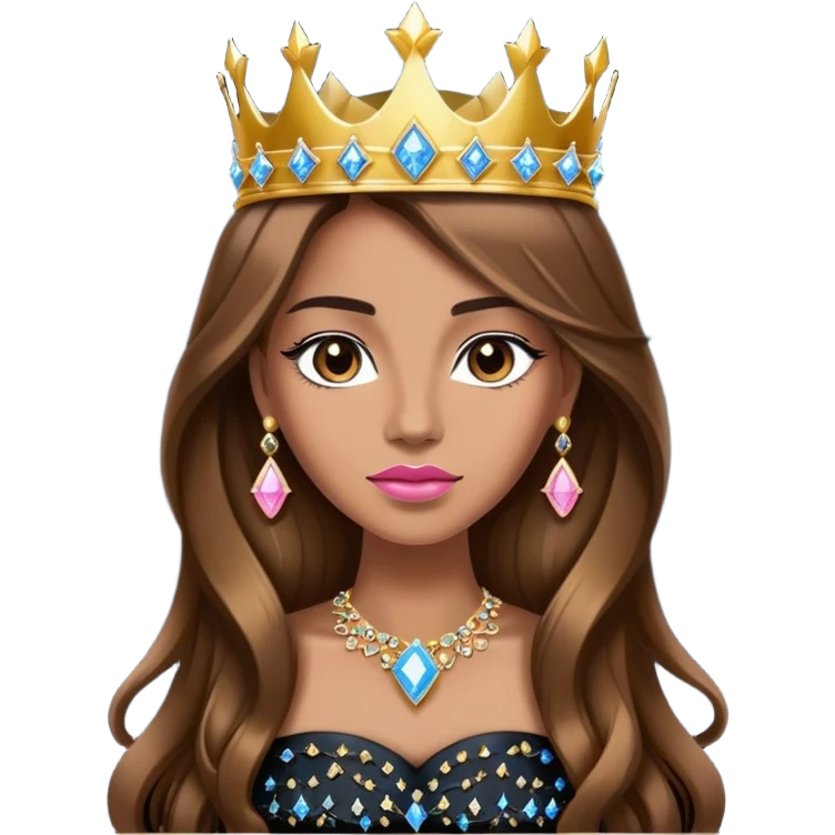 Queen, brown long hair, golden crown encrusted with pink and blue diamonds, black dress emoji