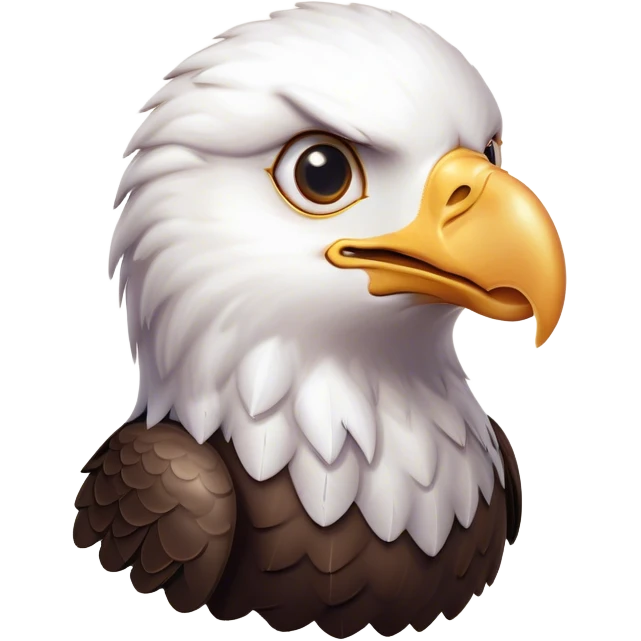 Cinematic Cute American Eagle Portrait Emoji, Head tilted playfully and inquisitively, featuring a streamlined form with a subtle blend of dark and white plumage and round, sparkling eyes full of spirited charm, Simplified yet irresistibly adorable features, highly detailed, glowing with a warm, inviting glow, high shine, affectionate and lively, stylized with a touch of whimsical aerial grace, soft glowing outline, capturing the essence of a mischievous yet endearing American eagle that seems as if it could glide out of the screen into your heart! emoji
