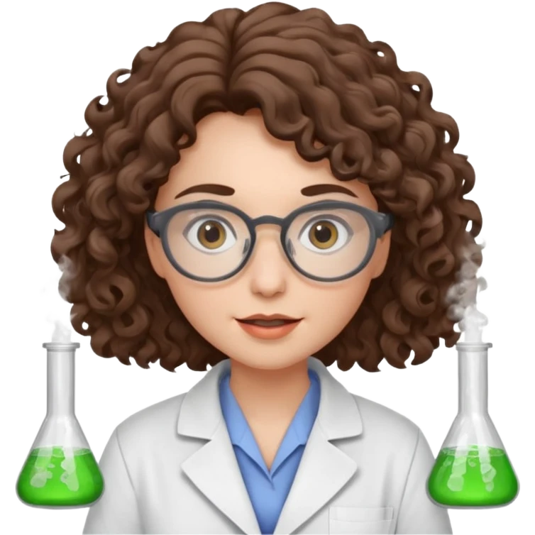A crazy female scientist, with curly-wavy brown hair, brown eyes and grey glasses and oale skin  emoji
