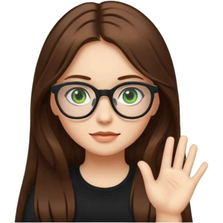 Girl with long brown hair, green eyes, glasses and a black top on emoji