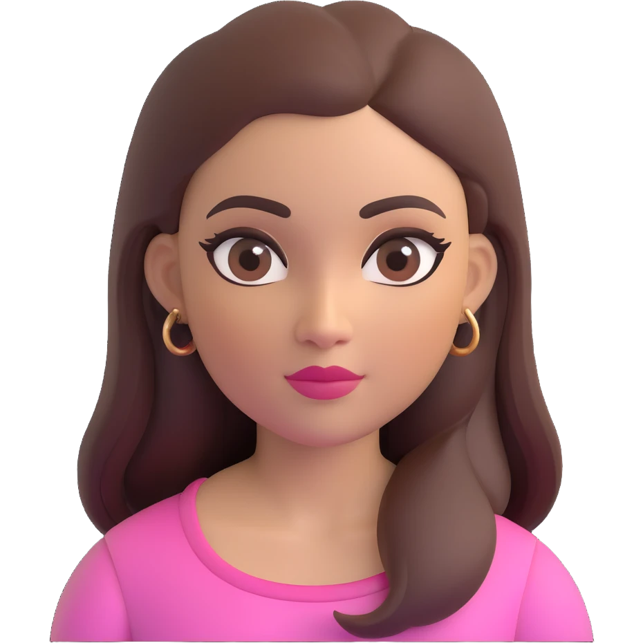 female memoji with oval face, warm light skin tone, rosy cheeks, elegant makeup with long eyelashes, defined eyeliner, soft pink lips, long straight dark brown voluminous hair, arched eyebrows, dark brown eyes, colorful top, small visible tattoo on arm emoji