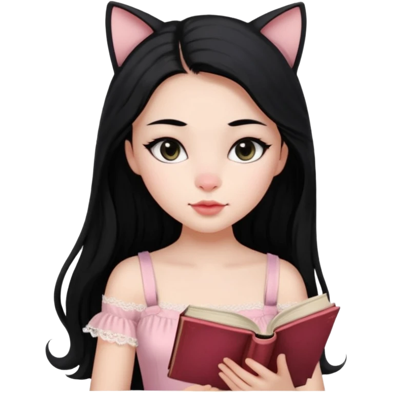 Jovem 16 anos, pele branca ,cabelos longos pretos. Boca carnuda ,nariz pequeno ,olhos grandes puxado gatinho ,cor Preta. Lendo um livro.Vestido rosa claro com alça e renda emoji