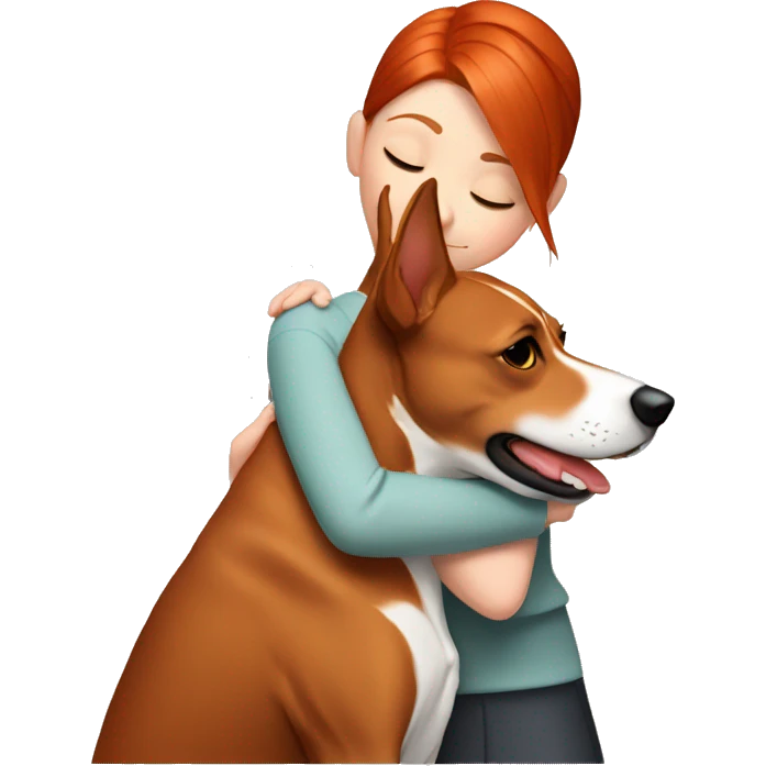 Red-haired girl hugs Basenji emoji