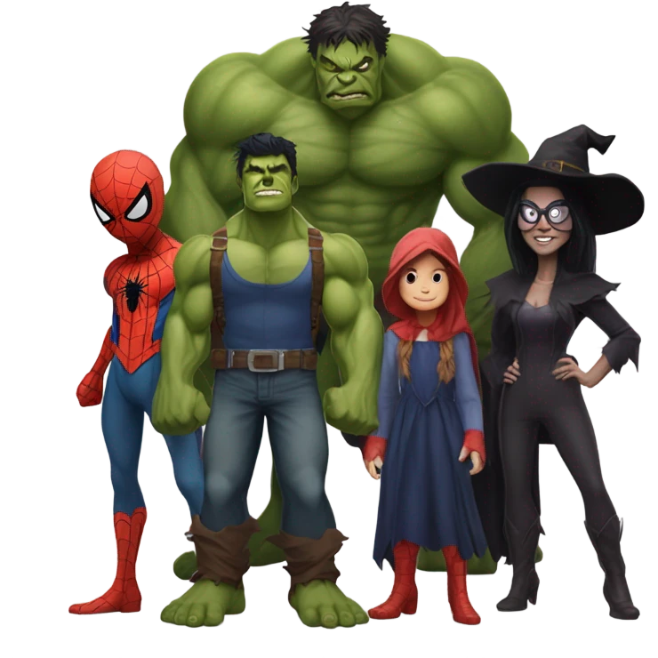 Spider-Man , the Hulk, the scarecrow and the witch together as a family emoji