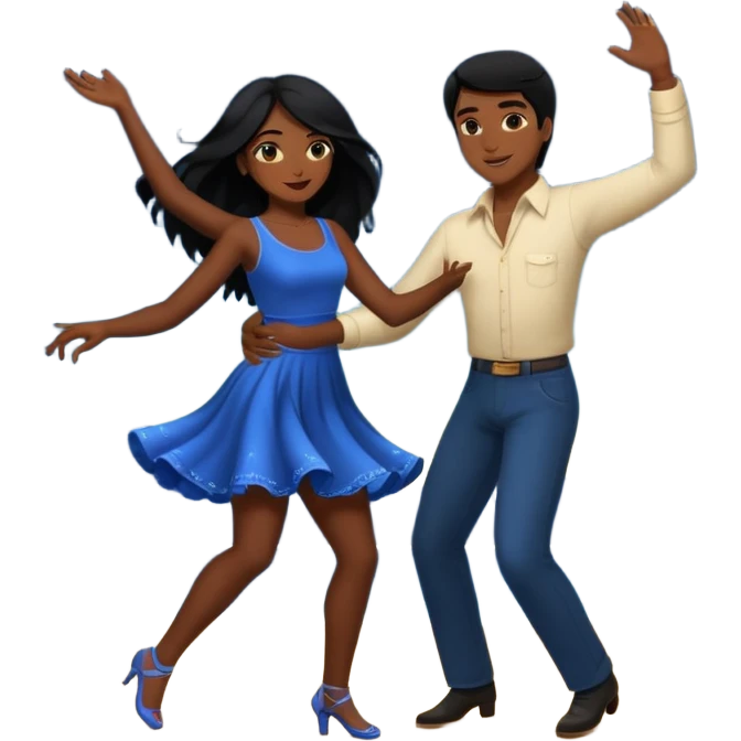 Dark long-haired woman with short, dark haired man dancing under the stars with love emoji