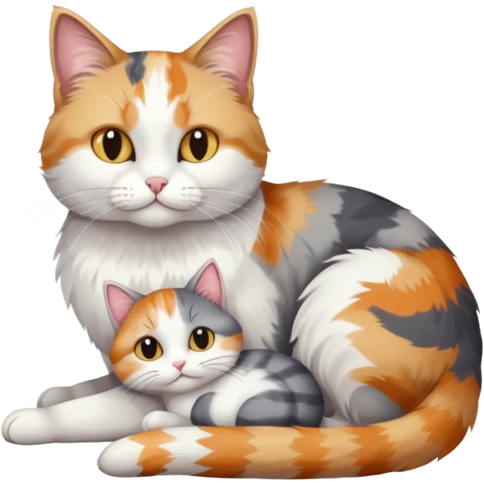 full body colourful light patched calico + white tabby cat cuddling a grey and white cat  emoji