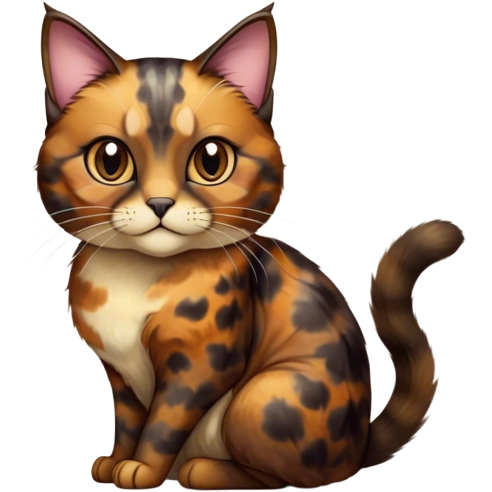 Cinematic Noble Tortoiseshell Cat Portrait Emoji, Poised and dignified, showcasing a luxurious, mottled fur of rich browns and blacks, with elegantly arched whiskers and a determined yet gentle expression, simplified yet meticulously detailed, glowing with a subtle, regal radiance, high shine, embodying quiet nobility and refined charm, soft glowing outline, capturing the essence of a sophisticated tortoiseshell cat exuding quiet authority! emoji
