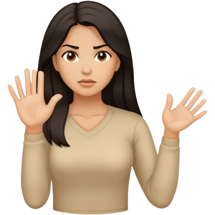 Hispanic woman with long hair, beige top, determined, one hand out motioning to stop emoji