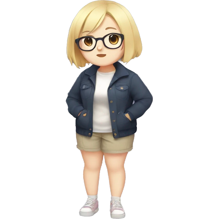 Chubby anime girl with glasses and short blonde hair, full body wearing cute clothes emoji