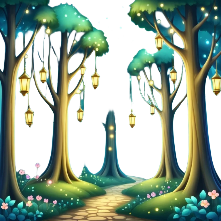 enchanted forest with tall whimsical trees and sparkling lights, fantasy atmosphere emoji