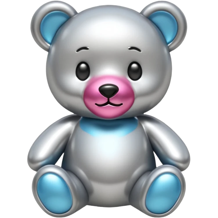 A cute teddy bear emoji made of liquid silver chrome, smooth rounded body, glossy metallic surface, soft reflections, friendly proportions, iOS emoji style, centered, clean white background emoji