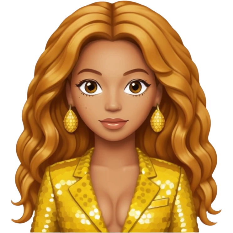 Beyonce with long strawberry blonde hair, yellow sequin outfit emoji