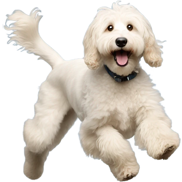 Bigger white goldendoodle jumping with long shaggy hair  emoji