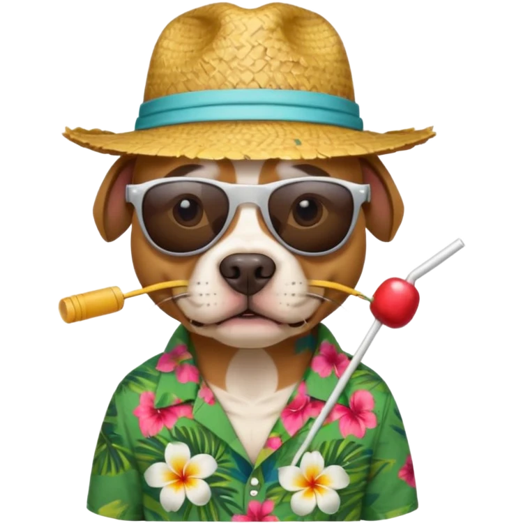 pitbull with sunglasses and straw hat, hawaii shirt emoji