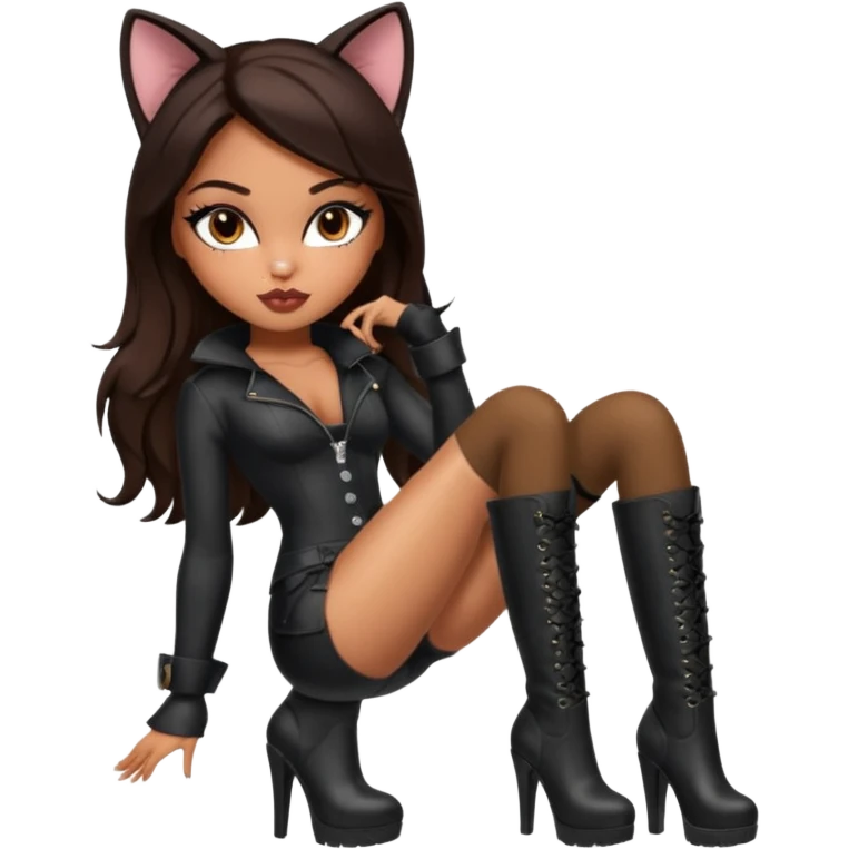 A sexy, super pretty bratz girl with caramel skin. Dark brown hair and brown eyes. She has freckles. Wearing sexy makeup. Dressed as a sexy cat with tall black boots on emoji