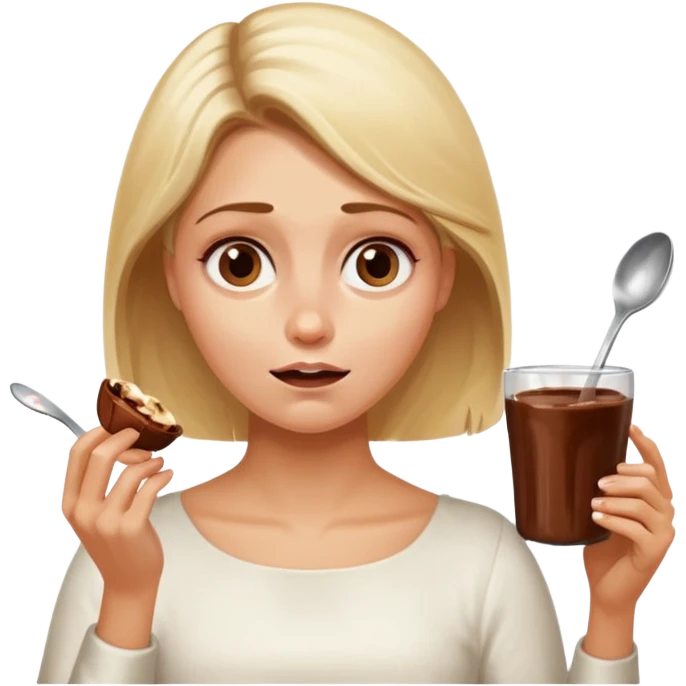 Nutella with a spoon. The glas of Nutella is almost empty . Only the one carriage of Nutella. Next to the Nutella is the head of a blond woman who is desperate to eat the Nutella  emoji