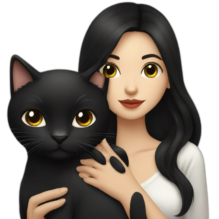 Russian woman with long black hair kissing black cat emoji