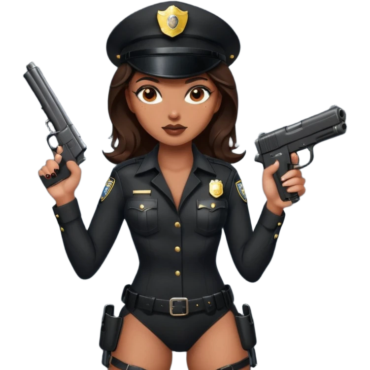 A sexy girl. with caramel skin. Dark brown hair and brown eyes. She has freckles. Wearing sexy makeup. Dressed as a sexy cop. wearing lingerie and heels. Holding a gun emoji