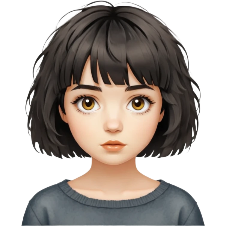 woman with editorial short french bob haircut tousled textured messy wavy hair short straight-across blunt baby bangs very messy hair emoji