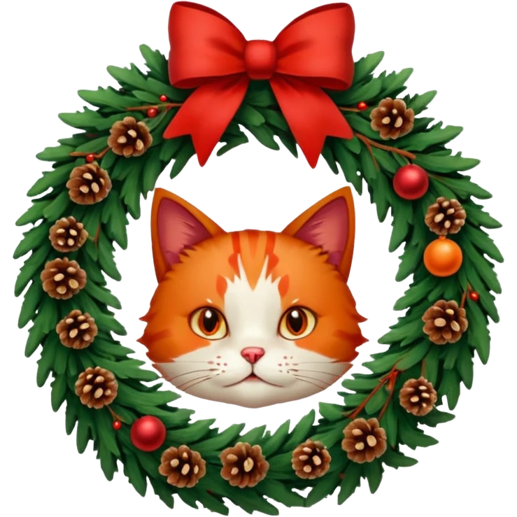 A Christmas wreath made entirely of fir trees, decorated with a red bow at the bottom, pine cones and Christmas tree balls, and a cat poking its face through the hole in the center. emoji