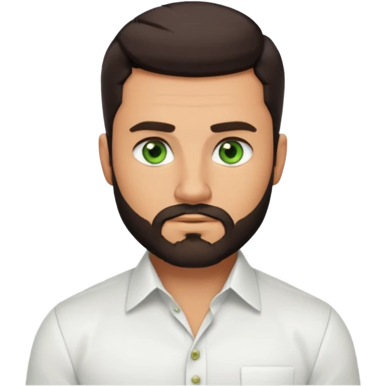 Man with a short full beard, Styled hair, Best looking man in the planet, onepiece style dark hair, green eyes, more realistic style more maskulin. Wearing a white formal shirt, first buttons open macho style, muscular

 emoji