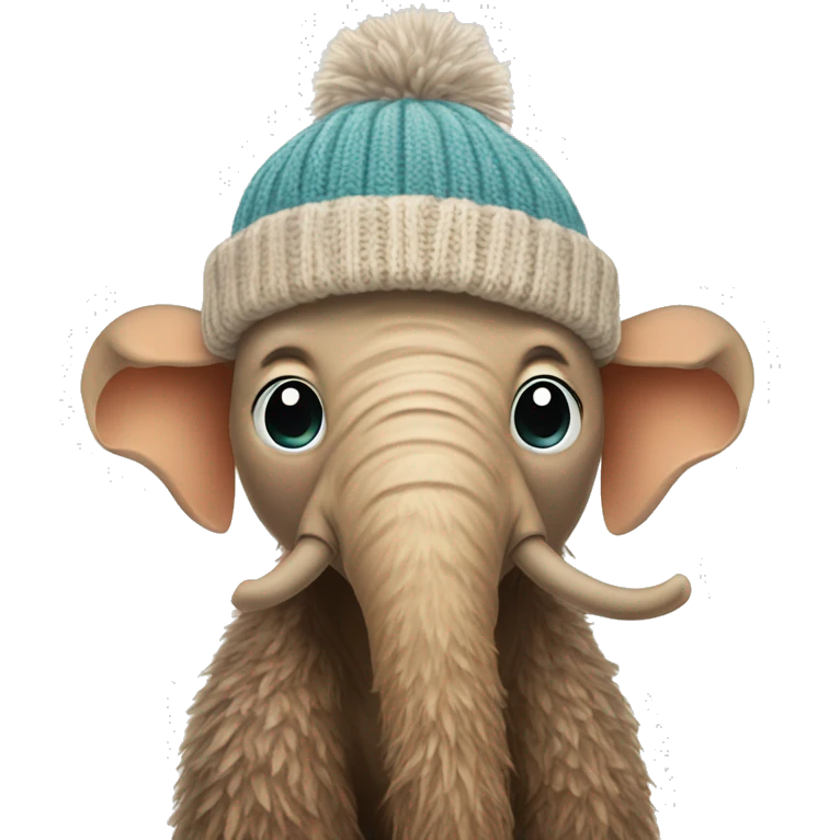 a baby mammoth in a small knitted hat and a narrow knitted scarf emoji
