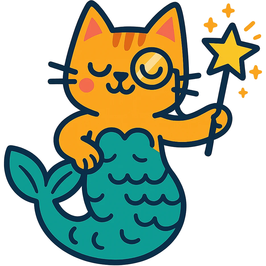 half cat half mermaid with a monocle and a magic wand in vibrant toon style emoji