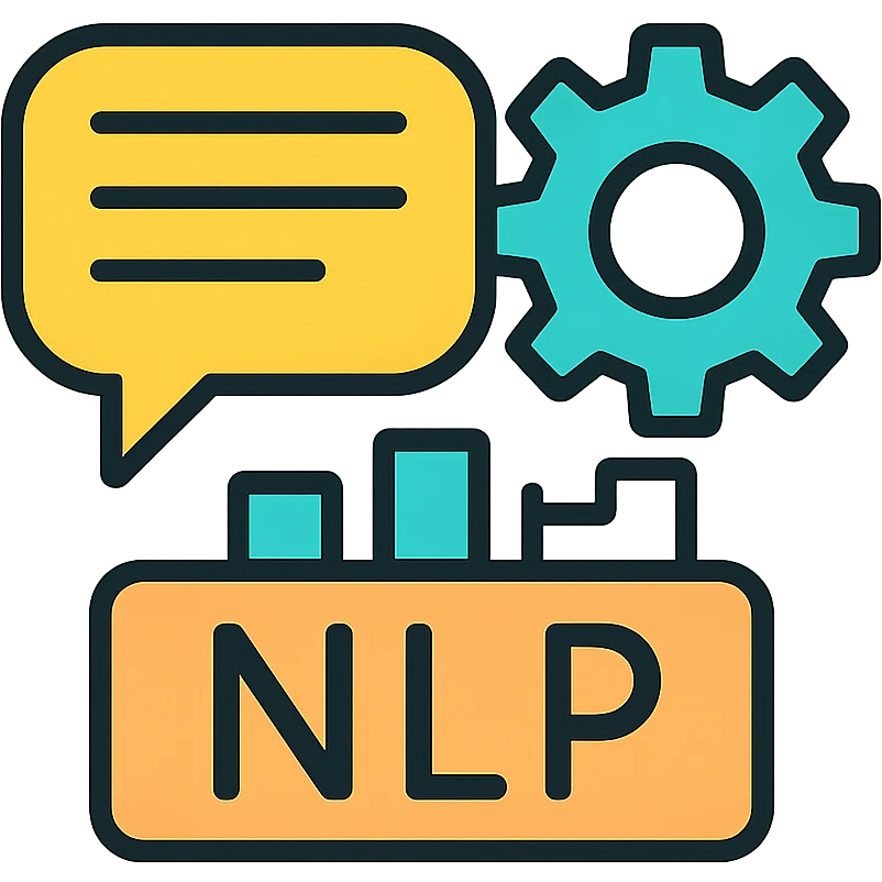 NLP icon with text analysis, language processing, and machine learning elements emoji