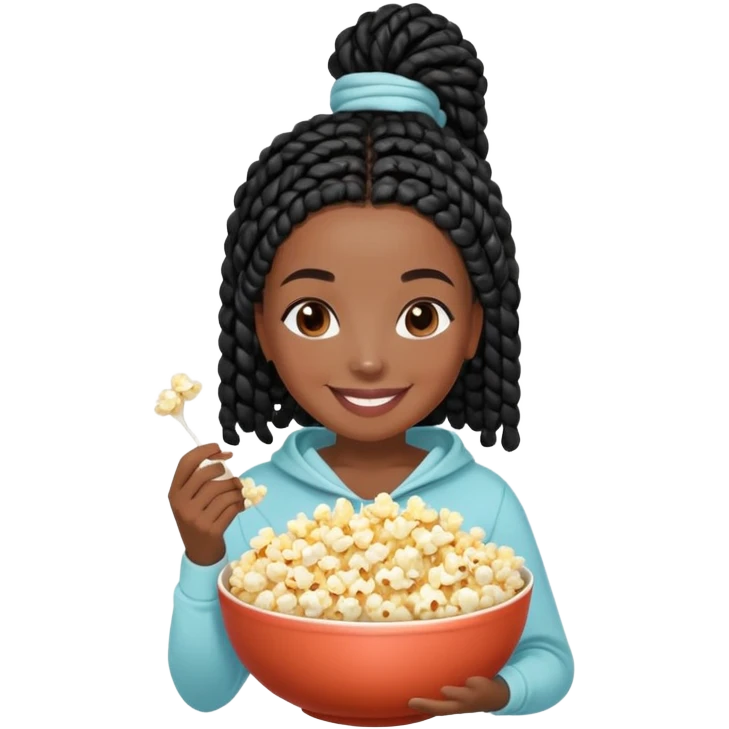 A dark-skinned Black woman with black box braids, holding a large bowl of popcorn in her lap, smiling or laughing, wearing comfy loungewear. emoji