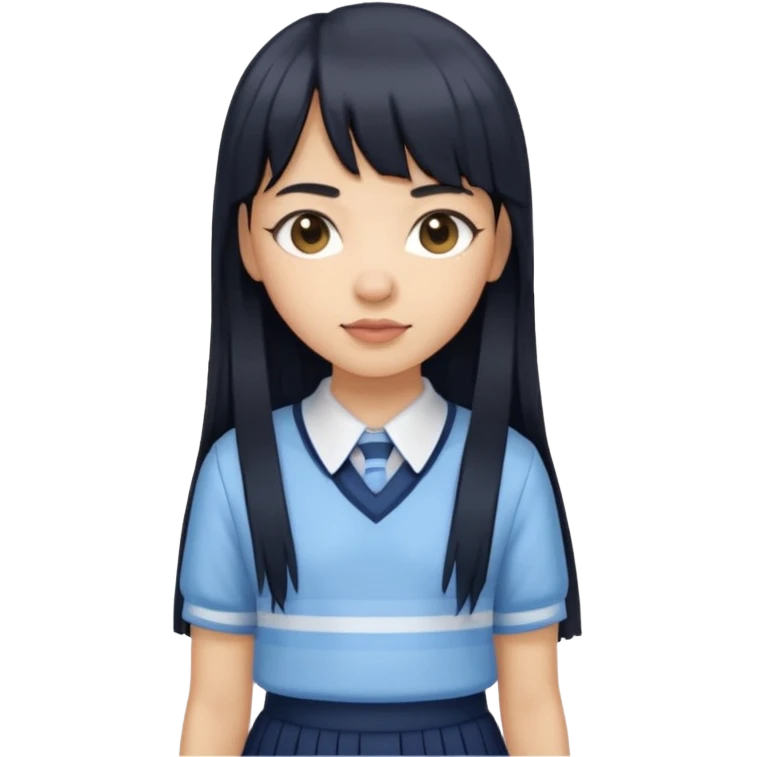 hair : black long hair with fringe 
skin : light 
cloth : light blue stripe shirt + navy long long school girl skirt



 emoji