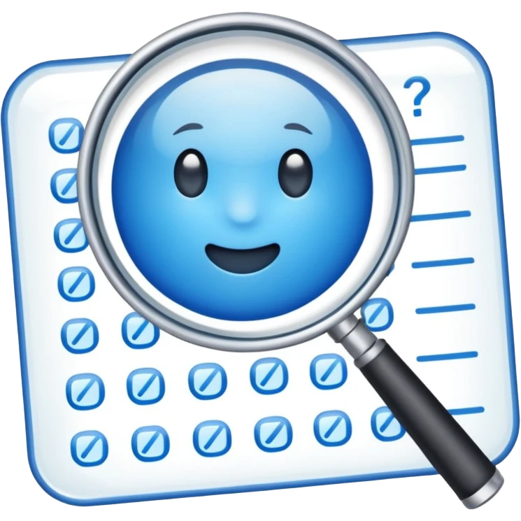  lente di ingrandimento foglio con scritte a risposte multiple blu senza faccia emoji