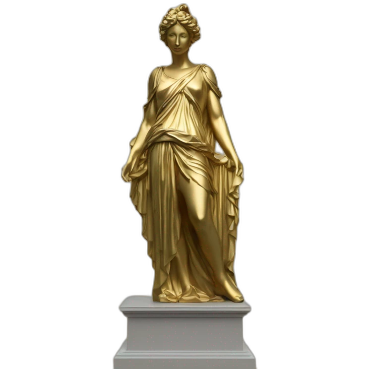 distant view of full length abstract renaissance color masked female figure statue on gold glittering greek style plinth, 4K resolution emoji