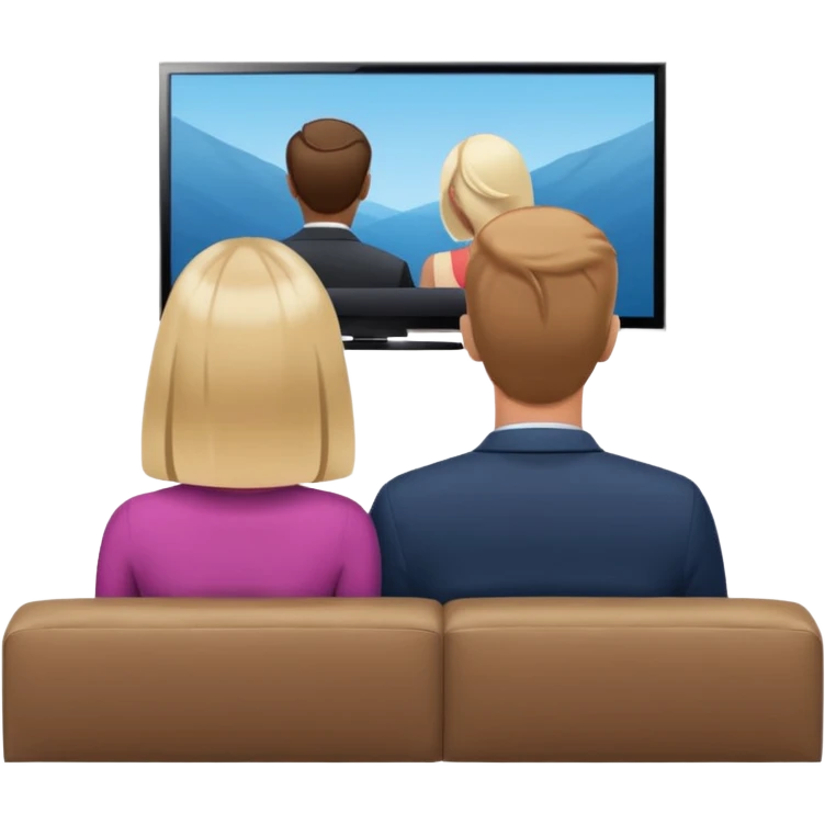 A man and a women photographed from behind, sitting on a sofa and watching the news on TV on a modern flat screen. The setting is a living room. emoji