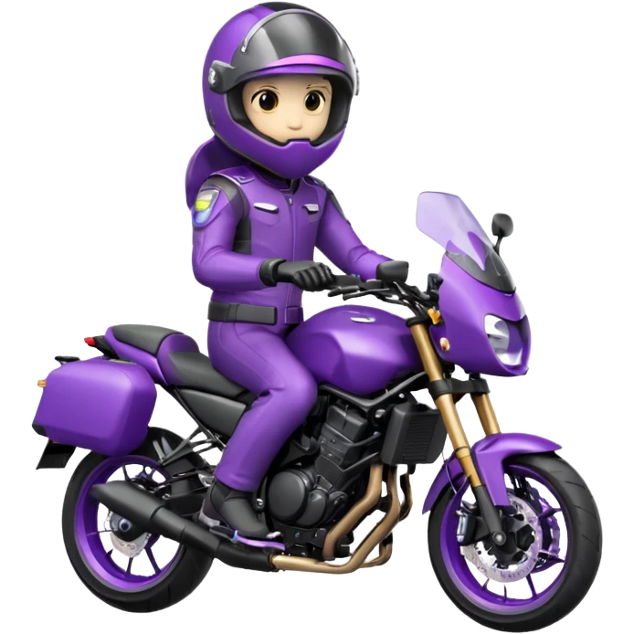 Créer un emoji avec une moto mt07 sport noir mate / violet iridescent très foncé. Avec une pilote dessus visière violet sombre faceless, bulle de la moto violet. Avec fond arrière violet, tenue complète casque inclus violet  emoji