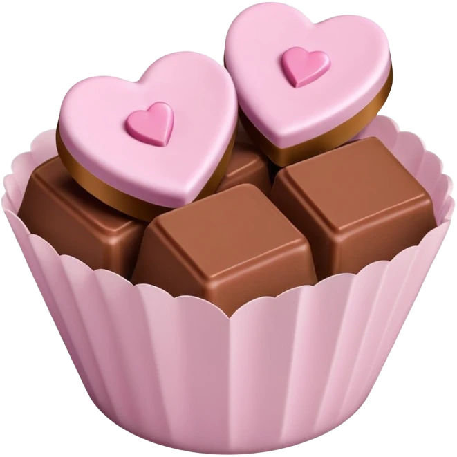 Two square milk chocolate , Each praline is a sharp-edged cube with smooth glossy chocolate coating, placed in a small white fluted paper candy cup. On top of each cube is a flat pastel pink heart-shaped icing emoji