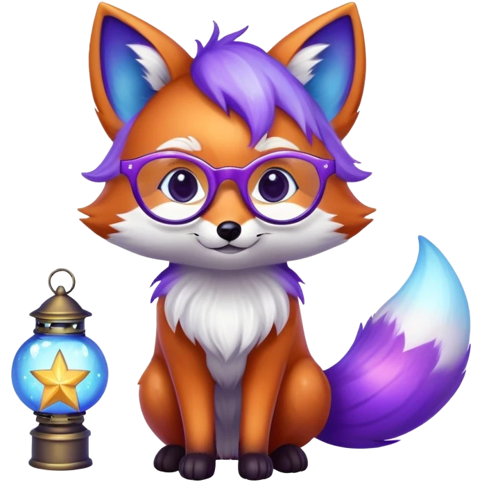 a small magical fox with shimmering purple and blue fur, a glowing fluffy tail, a silver star on its forehead, round glasses, and a tiny lantern. ❤️ emoji